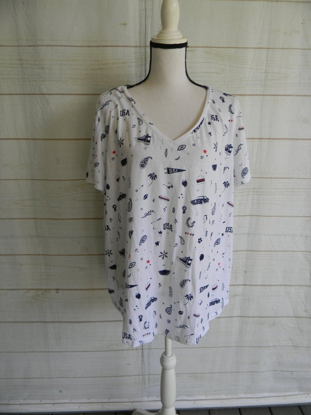 TRUE CRAFT WHITE PATRIOTIC USA 4TH OF JULY V-NECK COTTON T-SHIRT SZ 3X